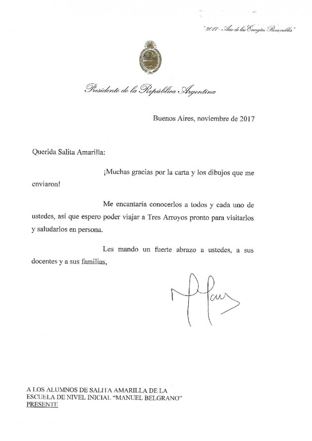 El Nivel Inicial se comunicó por carta con el Presidente