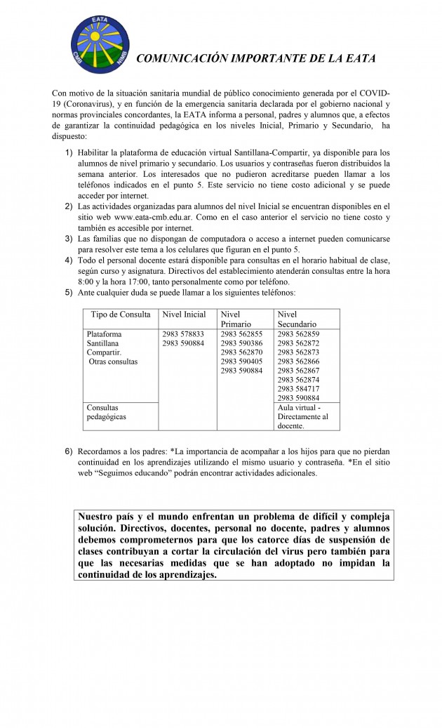 COMUNICACIÓN IMPORTANTE DE LA EATA