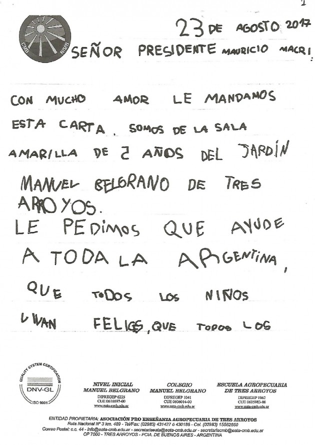 El Nivel Inicial se comunicó por carta con el Presidente El Nivel Inicial se comunicó por carta con el Presidente