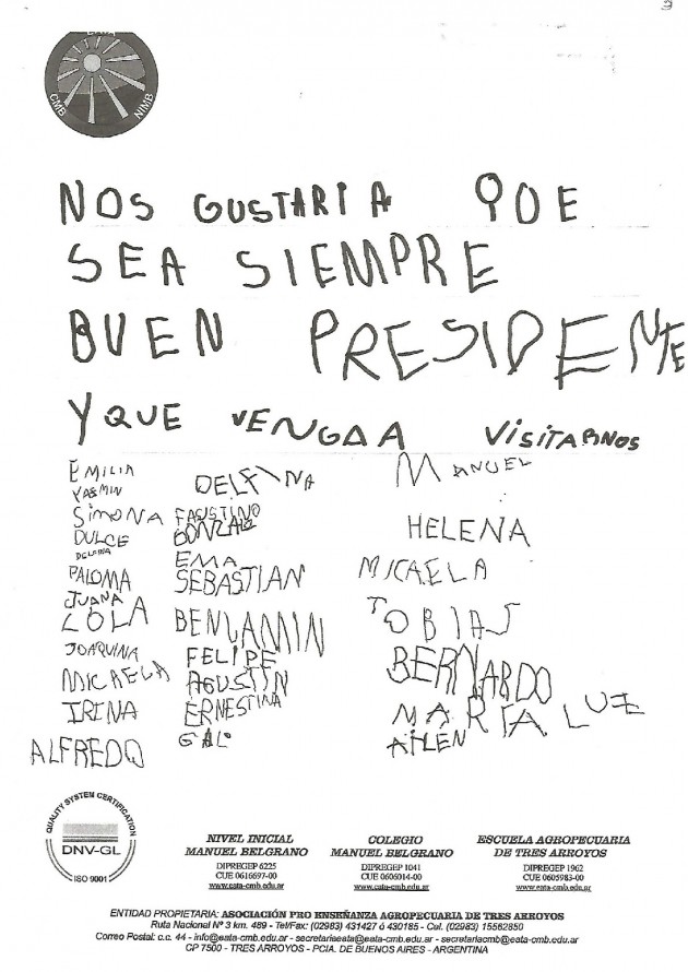 El Nivel Inicial se comunicó por carta con el Presidente El Nivel Inicial se comunicó por carta con el Presidente