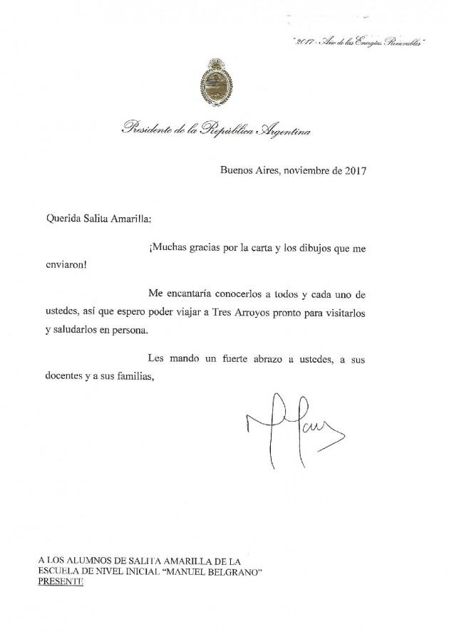 El Nivel Inicial se comunicó por carta con el Presidente El Nivel Inicial se comunicó por carta con el Presidente