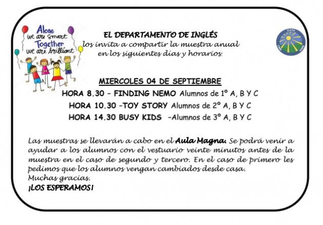 Invitación a la Muestra anual de Inglés para Primer Ciclo del Nivel Primario Invitación a la Muestra anual de Inglés para Primer Ciclo del Nivel Primario