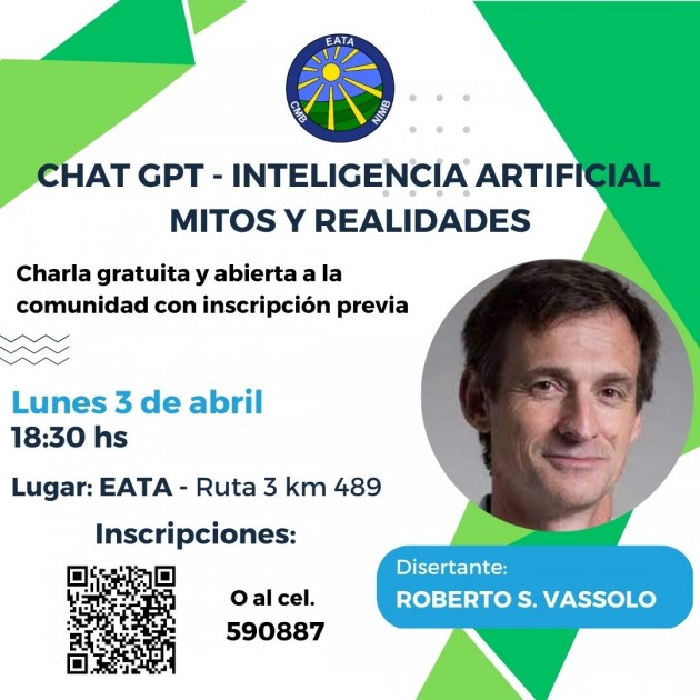 Lunes 3 de abril: Charla en la EATA sobre “Chat GPT – Inteligencia Artificial – Mitos y Realidades”.
Lunes 3 de abril: Charla en la EATA sobre “Chat GPT – Inteligencia Artificial – Mitos y Realidades”.