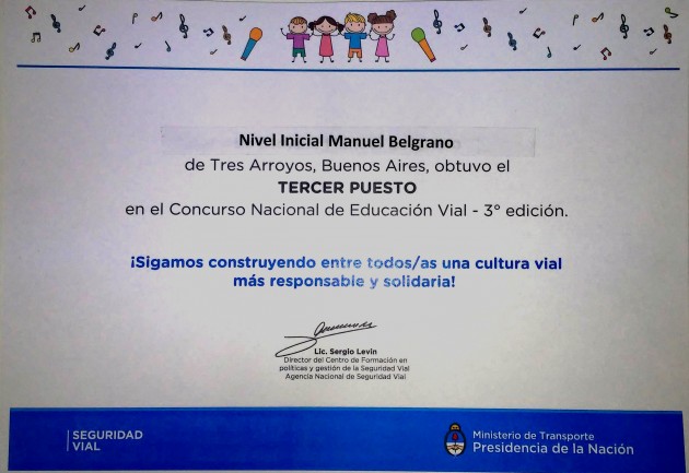 Nivel Inicial-Premio Concurso Nacional de Educación Vial “Canciones para transitar”.
Nivel Inicial-Premio Concurso Nacional de Educación Vial “Canciones para transitar”.