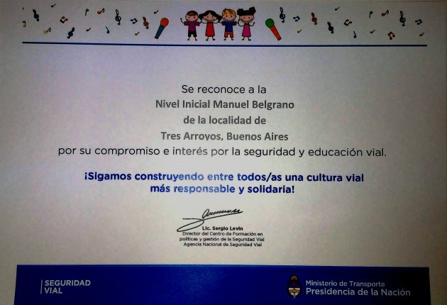 Nivel Inicial-Premio Concurso Nacional de Educación Vial “Canciones para transitar”.
Nivel Inicial-Premio Concurso Nacional de Educación Vial “Canciones para transitar”.