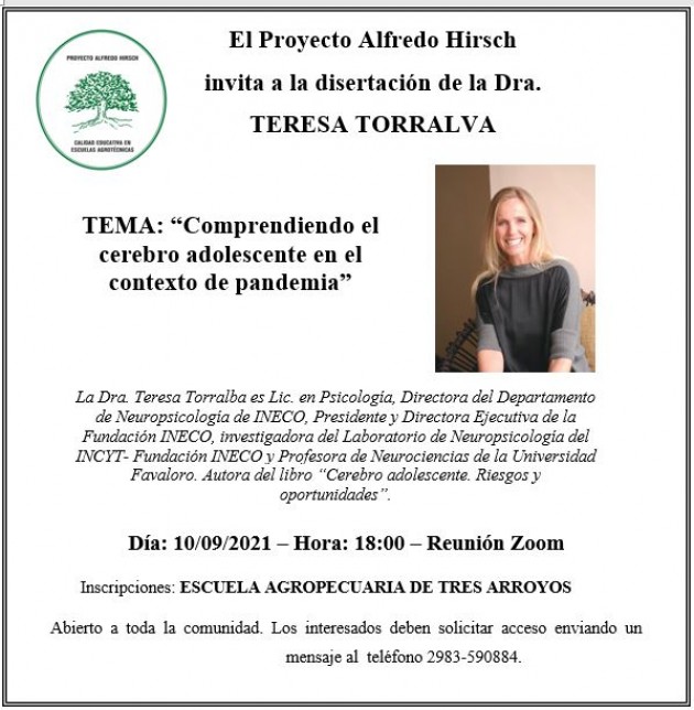 Proyecto Alfredo Hirsch - Disertación de la Dra. Teresa Torralva 10/09-Hora 18:00 Proyecto Alfredo Hirsch - Disertación de la Dra. Teresa Torralva 10/09-Hora 18:00